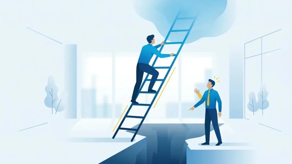 「定義がない努力は危険」であることを表現したイラスト。目的を持たずに危うい道を進むメンバーの姿。