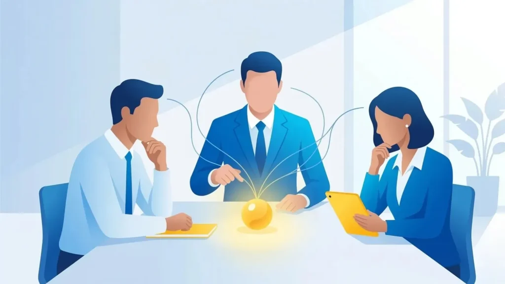 3人のFacelessなビジネスパーソンが、テーブル中央に配置された「思考の起点」を示す光る球体を囲み、対話と議論を重ねている様子を描いたモダンなイラスト。信頼感と知性を与えるブルーと、ひらめきを示すイエローを基調としている。