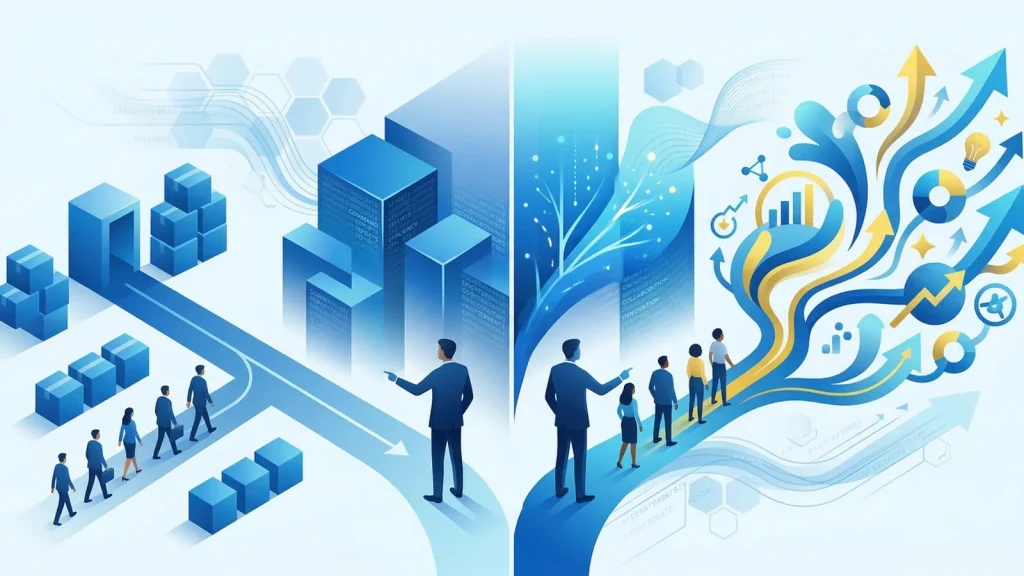 定義の再構築を表現した、青色基調のビジネスイラスト