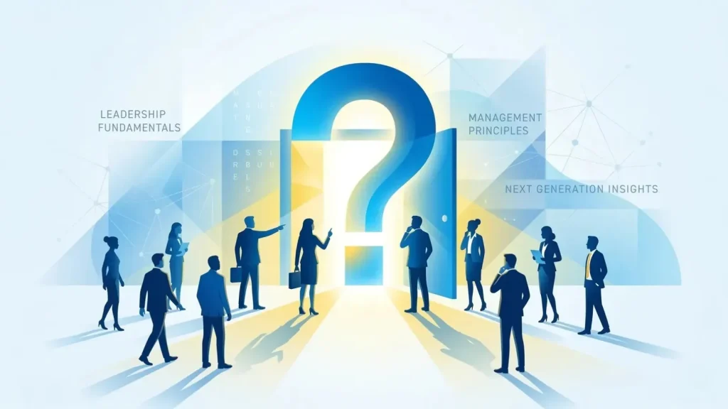 大きな疑問符のドアへ向かう多様なビジネスパーソンのシルエット。リーダーシップとマネジメントの基礎を問うイメージ。