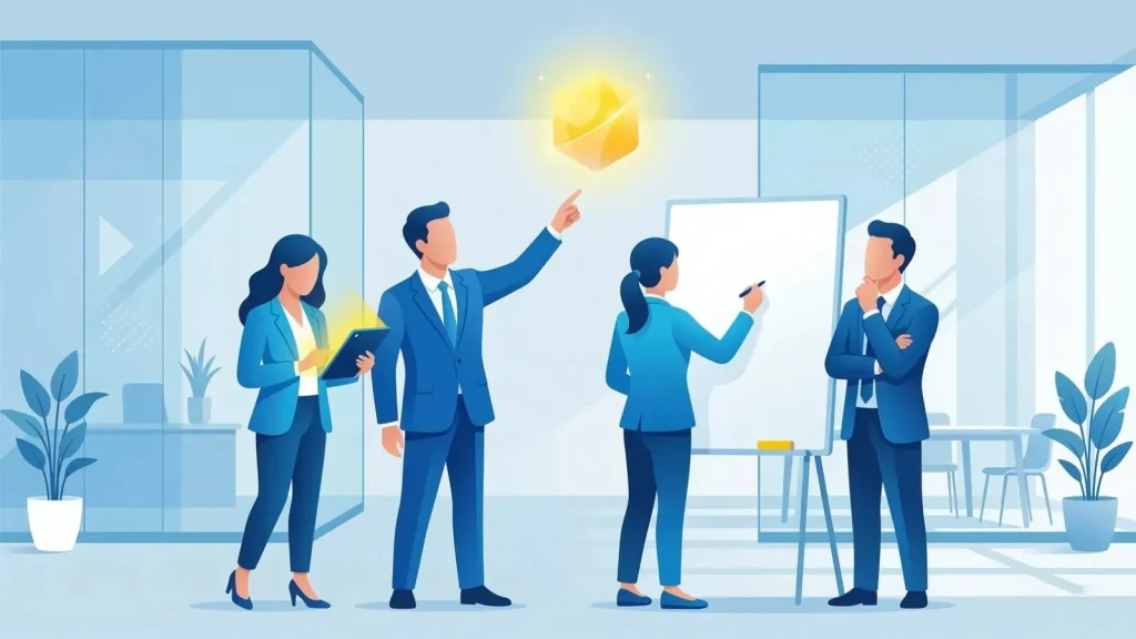 管理職研修で学ぶ『勝てるチームをつくる4つの条件』を表現したイラスト。モダンなオフィスでマネージャーがホワイトボードを使い、チームメンバーに共通のビジョンや目標を共有しているシーン。