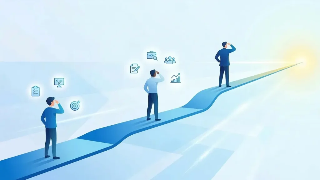 役職が上がるにつれて、より遠くの未来を見据えるようになるビジネスパーソンを描いたイラスト。管理職における未来責任の長さを表現。