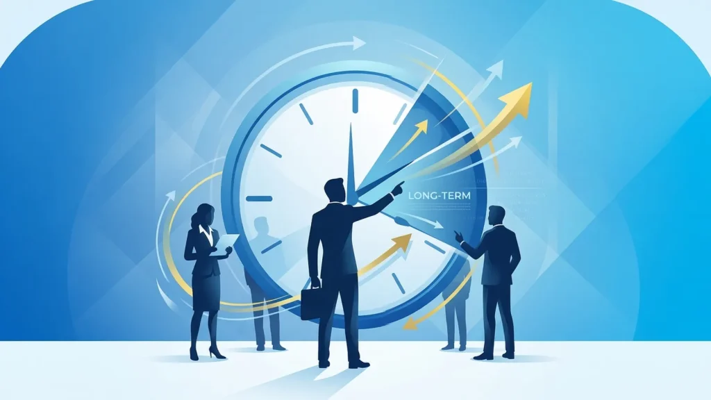 巨大な時計と矢印の前に立つビジネスパーソンのシルエットイラスト。次世代リーダー育成における「長期」の概念の捉え直しを表現。