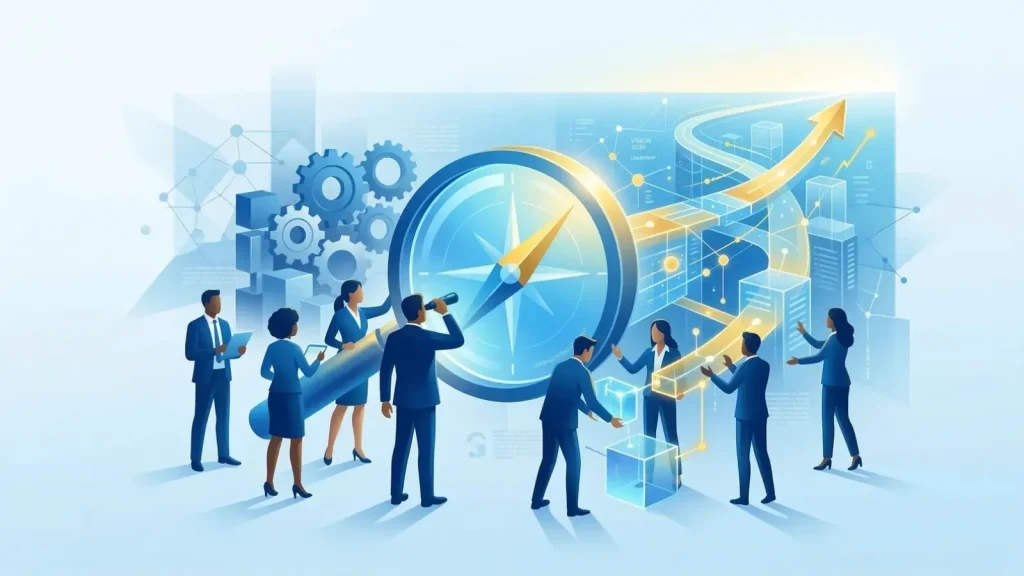 管理職研修で学ぶ、従来の固定的なマネジメントから、柔軟で未来志向のネットワーク型マネジメントへの変容を、大きなレンズと光る経路で表現したコーポレートイラスト。