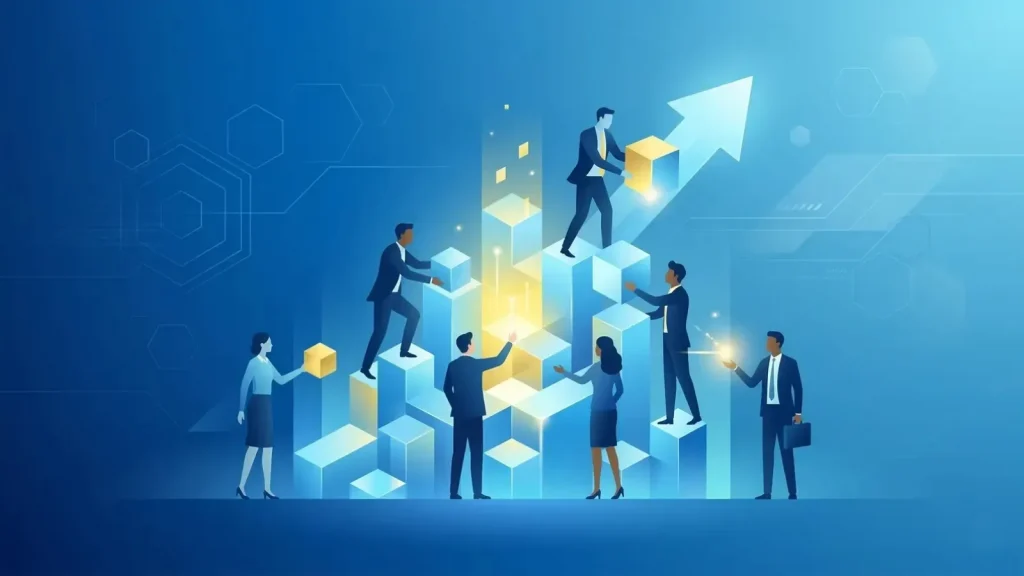 次世代リーダー育成と組織の未来を創るプロセスを表現したイラスト。多様なビジネスパーソンが協力して光り輝くブロックを積み上げ、右肩上がりの成長を描く。