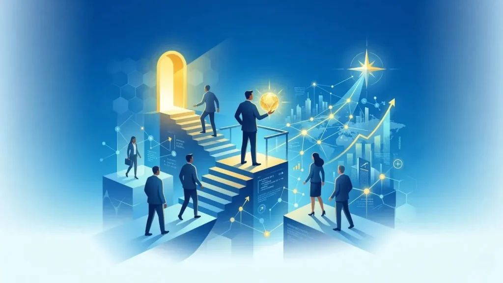 管理職研修を通じて育成する、高い視座と経営的なビジョンを持つマネージャー像を、上昇する階段と、戦略的な風景を見渡すリーダーの姿で描いたモダンなイラスト。