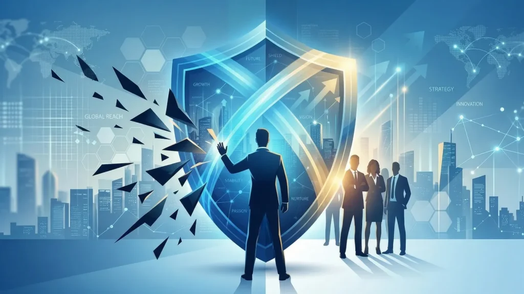 管理職が『未来を守る盾』となり、外部の困難から次世代リーダーを守る抽象的なビジネスイラスト