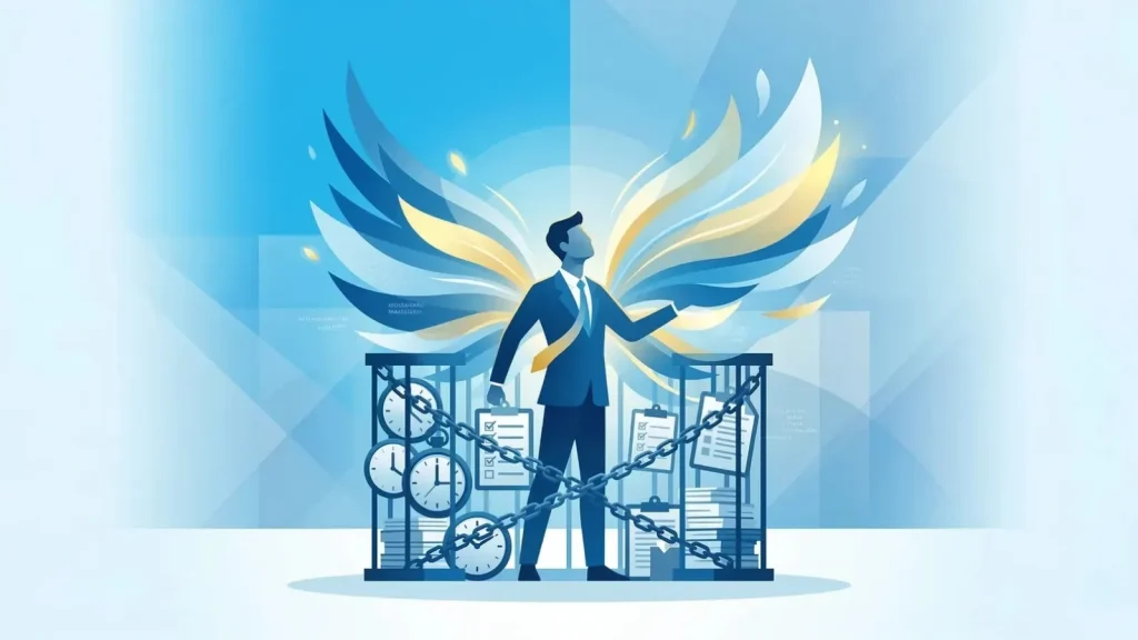 「マネジメント=管理業務」という誤解の鎖から解放され、真のリーダーシップへと羽ばたく管理職のイラスト