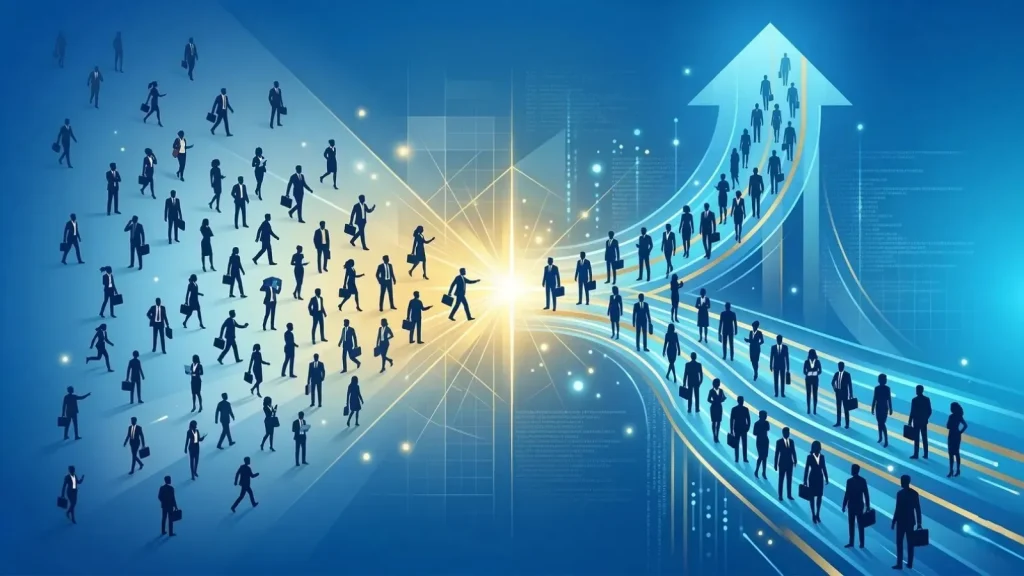 バラバラな方向に歩く群衆が、光の境界線を越えて一つの大きな矢印(組織)へと統合されていく抽象的なビジネスイラスト。次世代リーダーによる組織変革のメタファー。