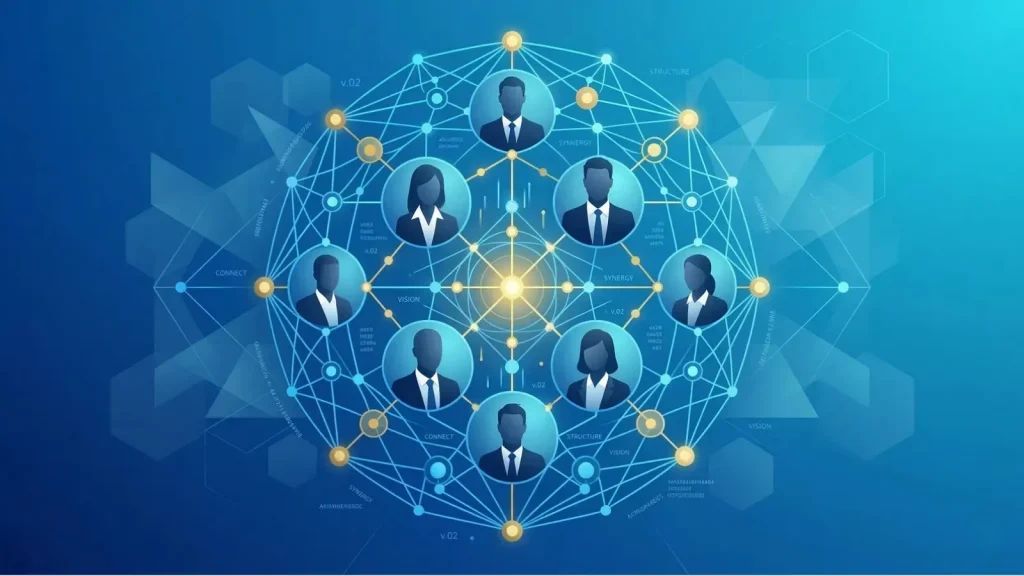 組織を単なる「人の集まり」ではなく、相互に作用するネットワークやシステムとして表現した抽象的なビジネスイラスト