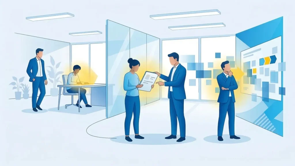 管理職研修で学ぶ、プレーヤーからマネージャーへの役割転換、部下育成、チーム目標達成の3つの視点をテーマにしたイラスト。モダンなオフィスでビジネスパーソンが葛藤や対話をしています。