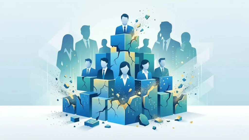 企業の組織構造を模した青いブロックが静かに崩れ落ち、次世代リーダーの育成課題と人材の崩壊を象徴するビジネスイラスト