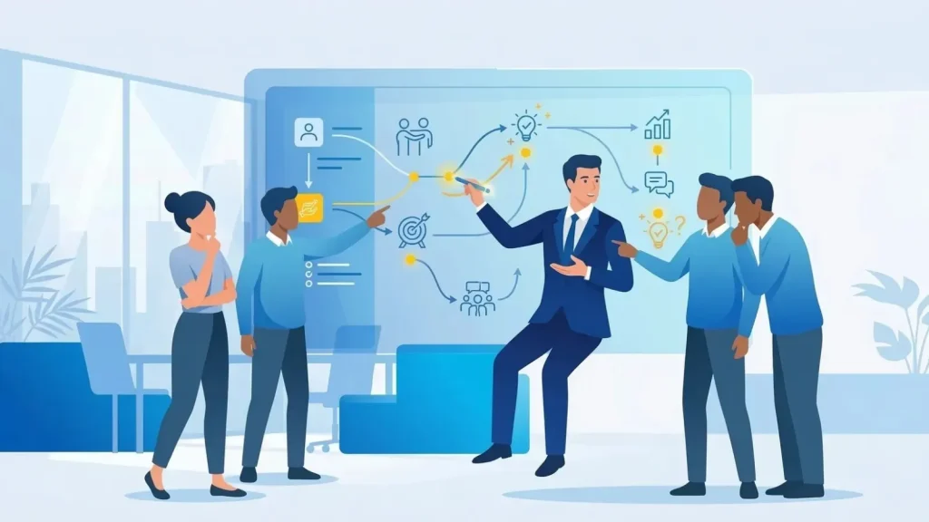 チームメンバーと対話しながら、新しいマネージャーの役割を模索する様子を描いたイラスト