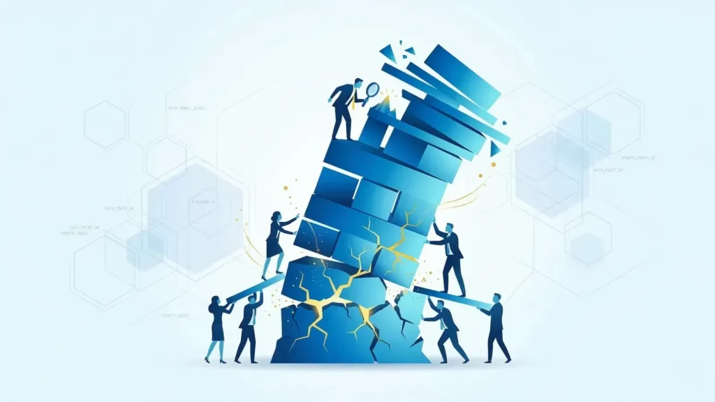 短期志向による組織基盤の脆弱化とリスクを表現した、崩れかけた塔を支えるビジネスパーソンたちの抽象的なイラスト