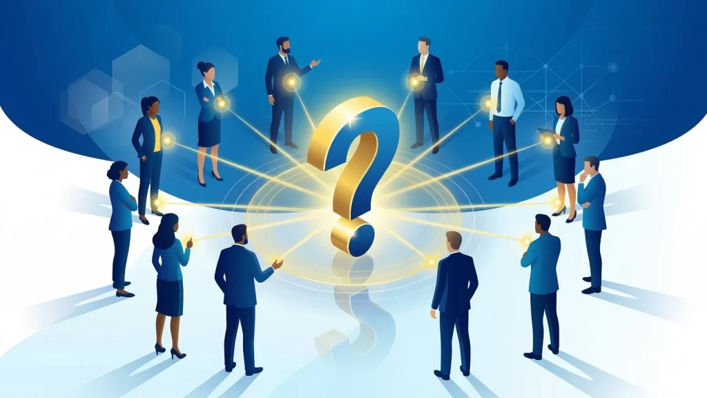中央に配置された巨大なクエスチョンマークに向かって、多様なビジネスパーソンが光の線で繋がり、目的を共有している抽象的なビジネスイラスト