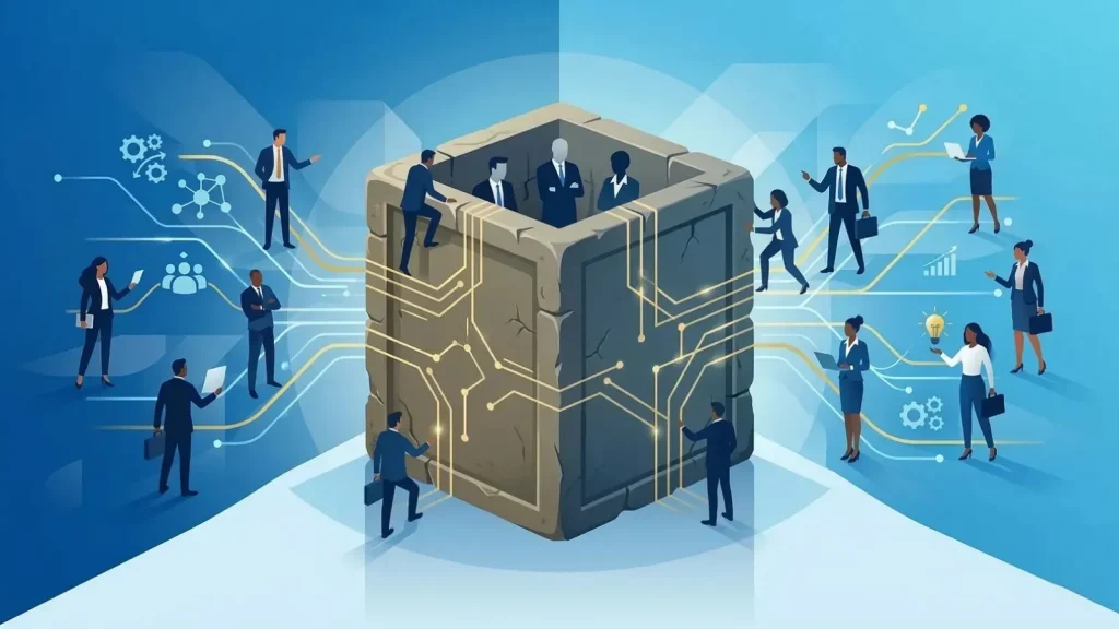 「管理職」という翻訳が生んだ構造的誤解と固定化された概念を、巨大なブロックとビジネスパーソンで表現した抽象イラスト