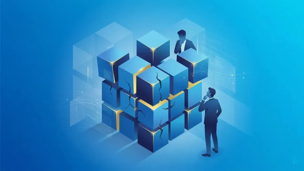 管理職という言葉による構造的な誤解を、ひび割れた青い立方体のパズルで見つめるビジネスパーソンの抽象イラスト