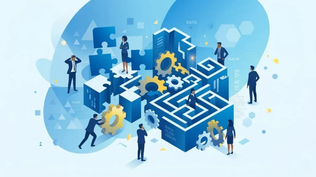 マネジメント不在の組織課題を象徴する、噛み合わない歯車や迷路に戸惑うビジネスパーソンのイラスト