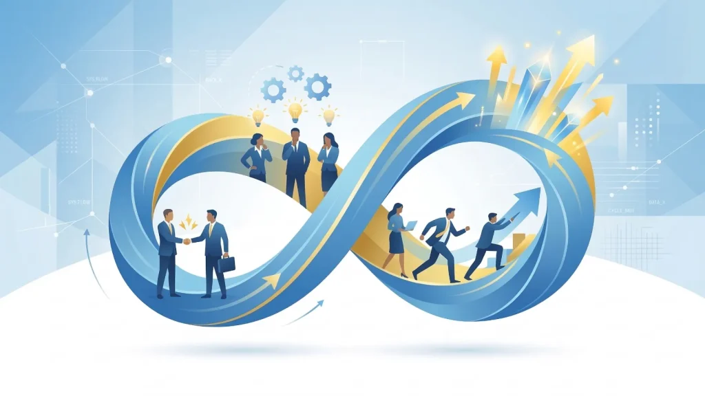 成功循環モデルの概念図：関係性の構築から成果へと繋がる無限ループと、ビジネスパーソンの成長を描いたイラスト