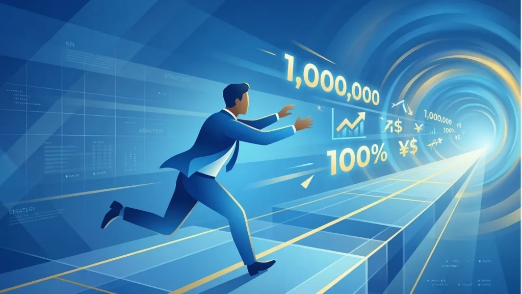 数字（KPIや売上目標）を追いかけるビジネスパーソンと、遠ざかる数値を表現した抽象的なコンセプトイラスト