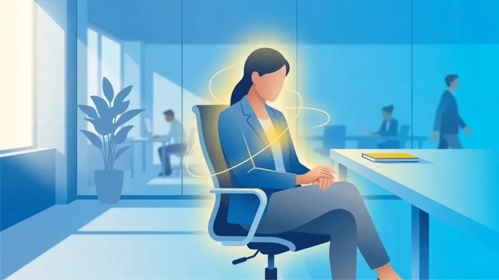 「自分自身への問い」を象徴するビジネスイラスト。青を基調としたモダンな空間で、内省を通じて気づきを得る次世代リーダーの姿。