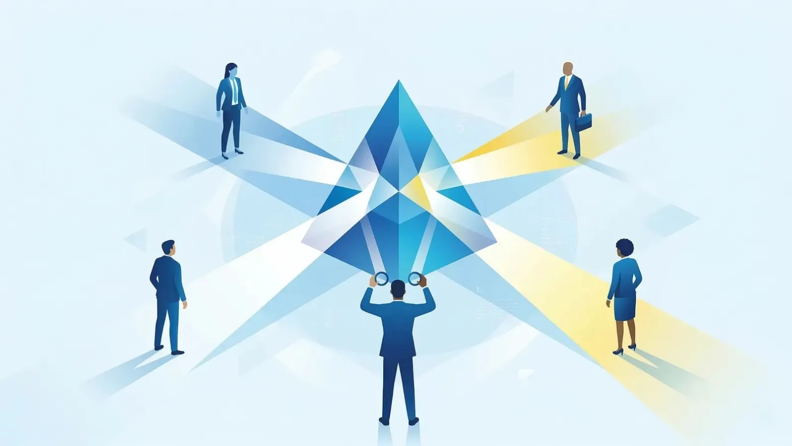 「管理職研修で扱う『経営職としての4つの視点』を、青い空間と光り輝くピラミッドで表現した抽象イラスト」