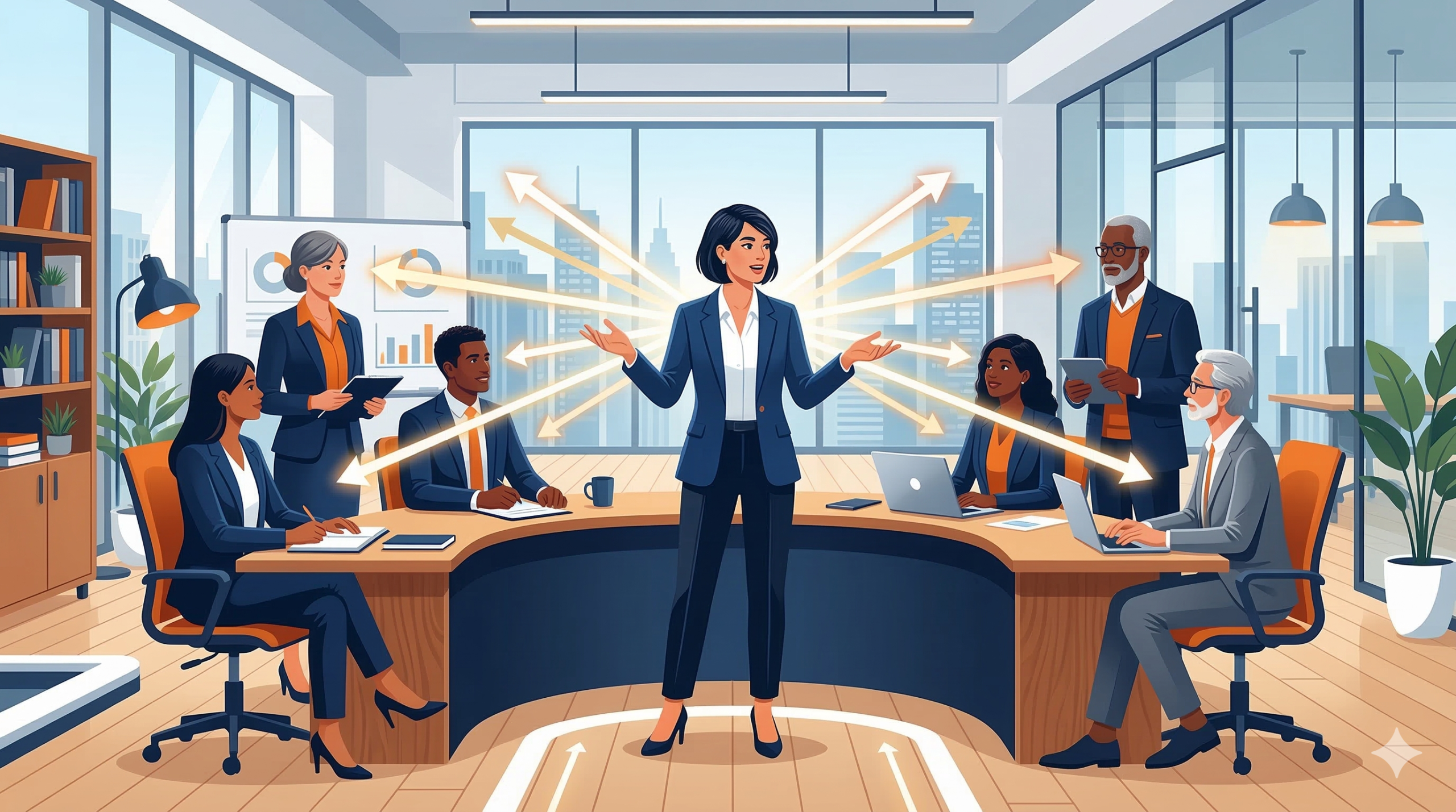 マネジメント3つの力（自己基盤力・課題解決力・他者影響力）と論理的コミュニケーション力の関係を示すイラスト