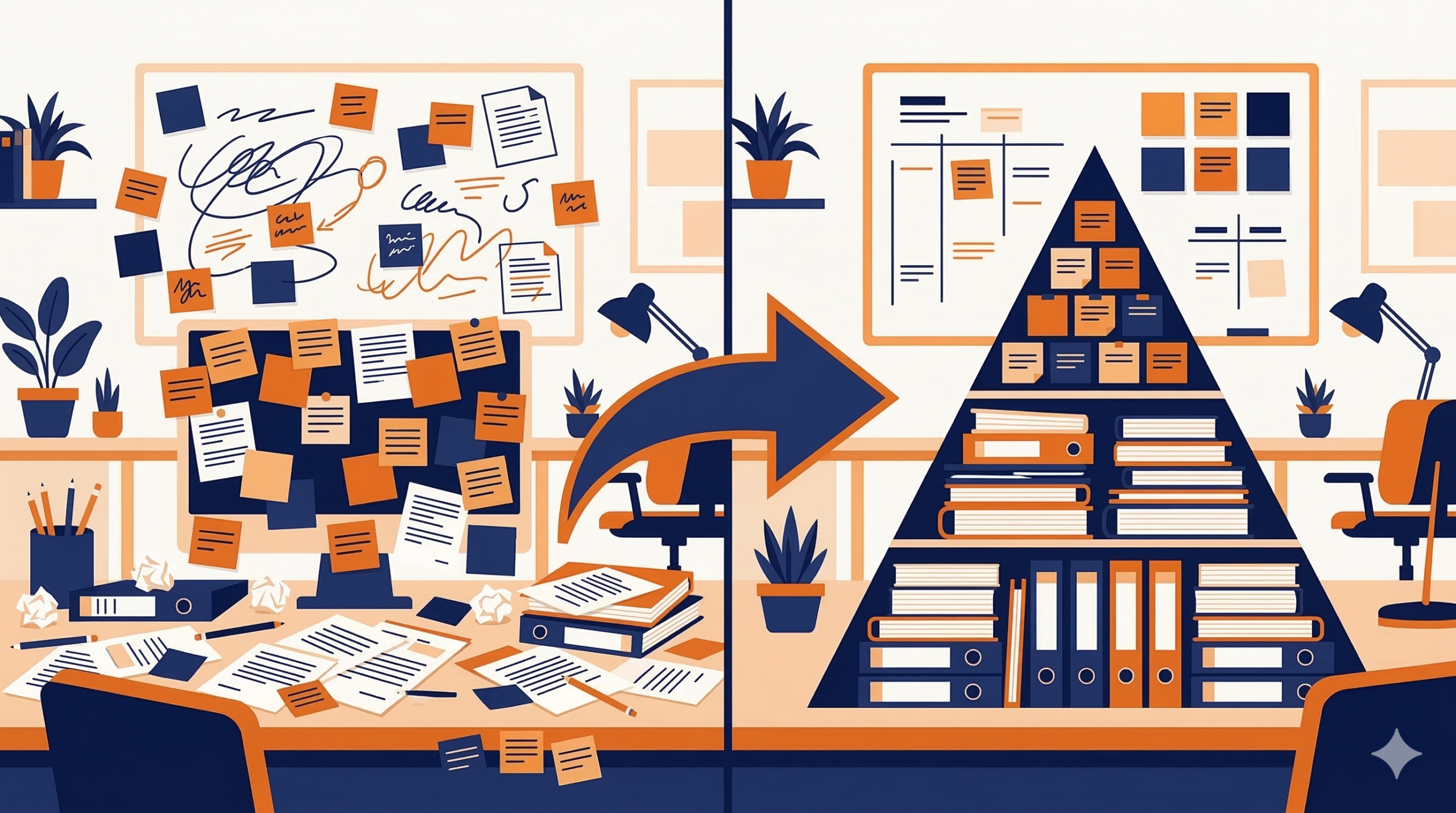 散らばった情報をピラミッド構造に整理する「まとめる力」の変化を示すイラスト