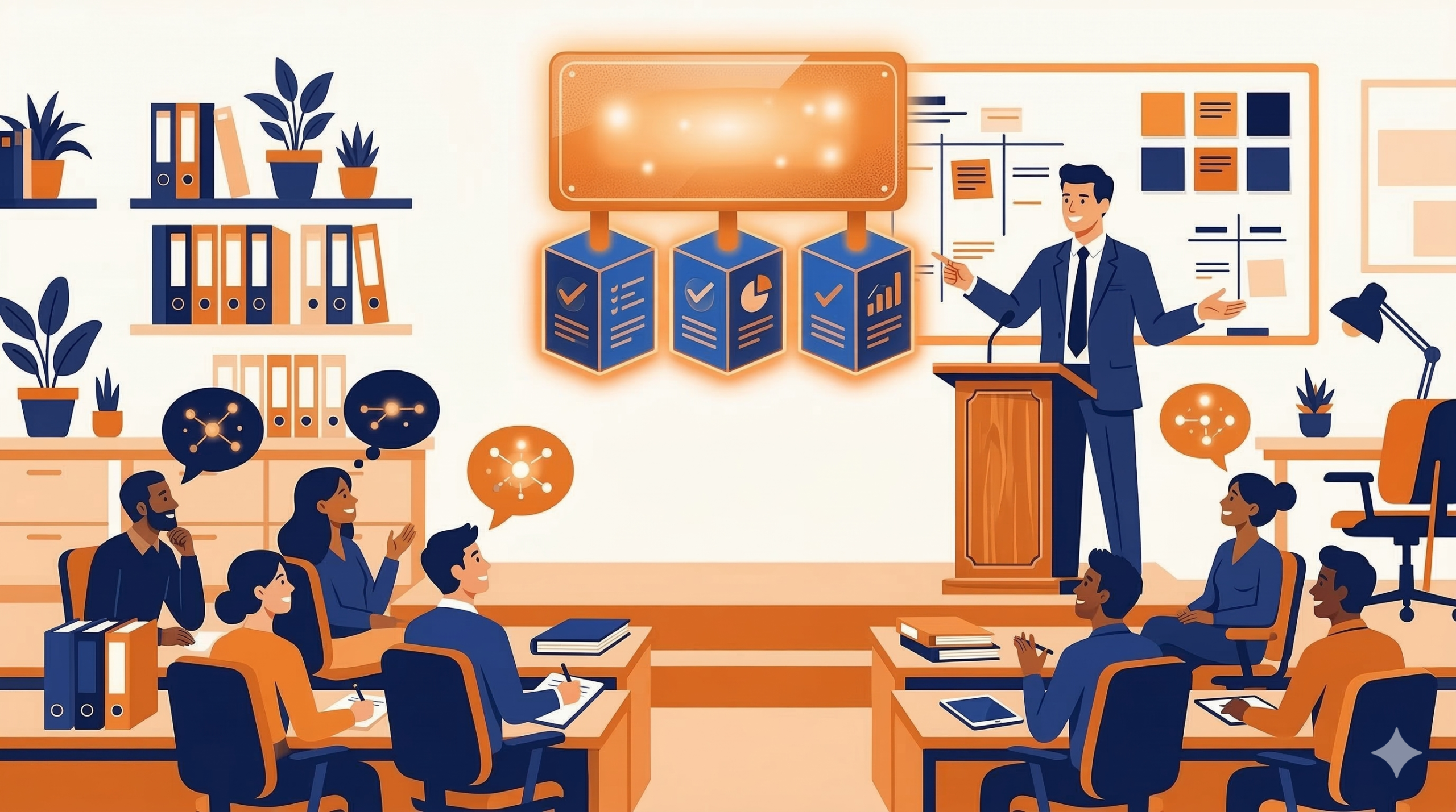 結論ファーストで指示を伝える管理職と、集中して聞くチームメンバーのイラスト