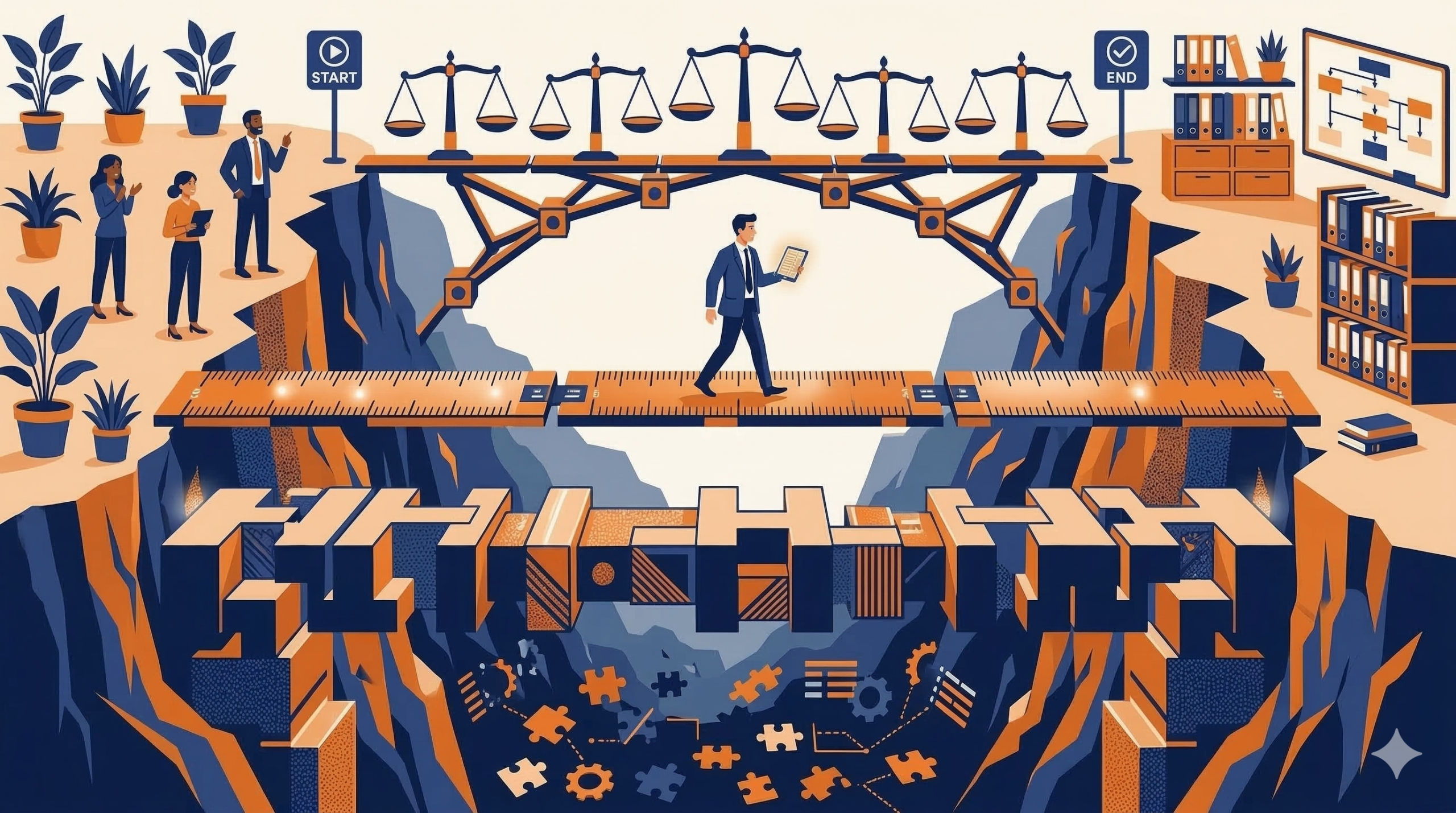 具体化・相対化・定量化の3つの橋で主張と論拠を繋ぐ概念を示すイラスト