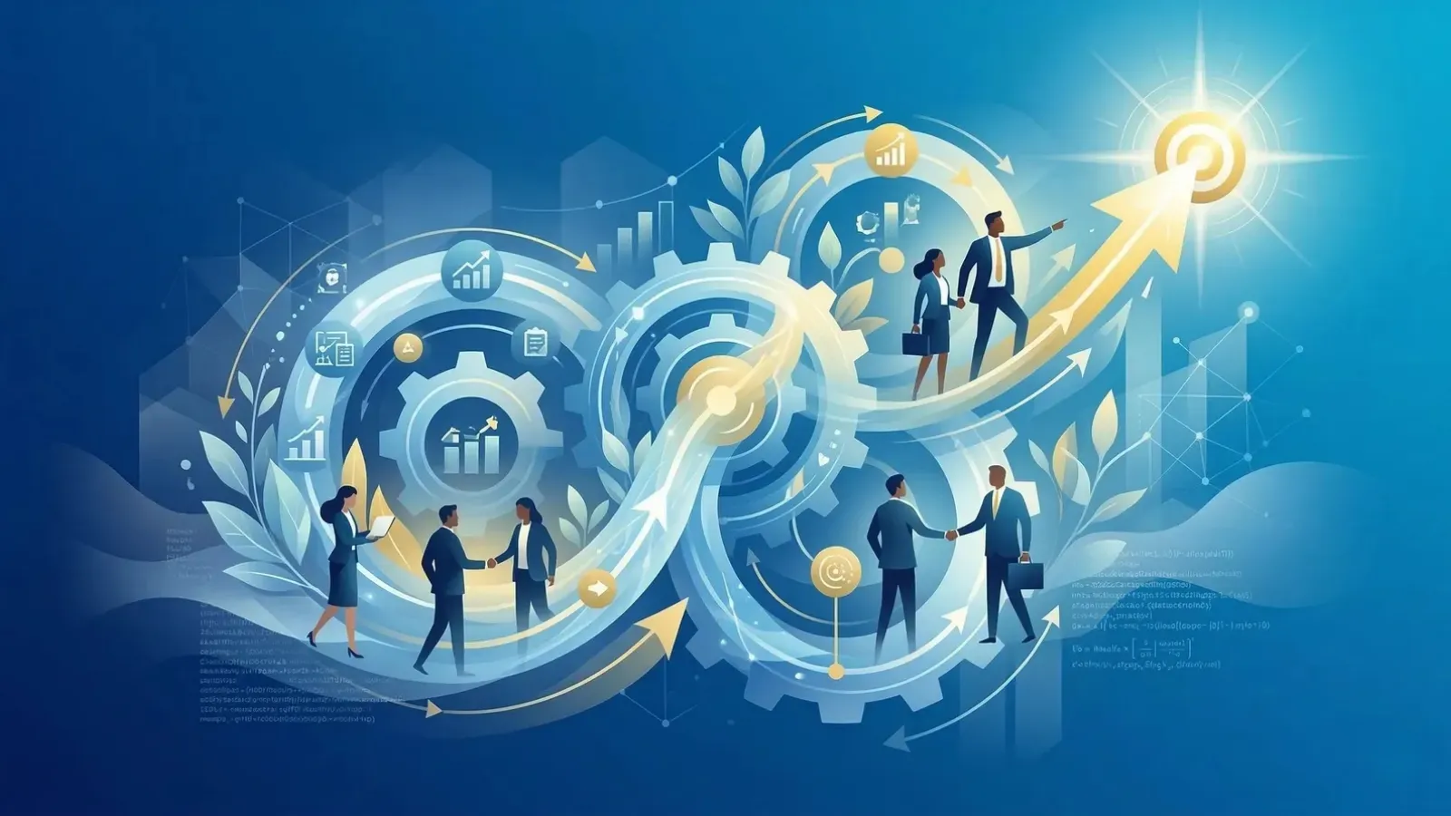 チーム連携と継続的なフィードバックの『循環』が、確実な成果へとつながるプロセスを視覚化した、青と金を基調とした抽象的なイラスト。